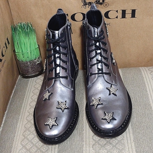 Coach Watts Crystal Star Embellished Pewter Boots with side zipper - Picture 16 of 16